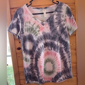 Short Sleeve Medium Pink, Green, Dark Gray Tie Dye Shirt